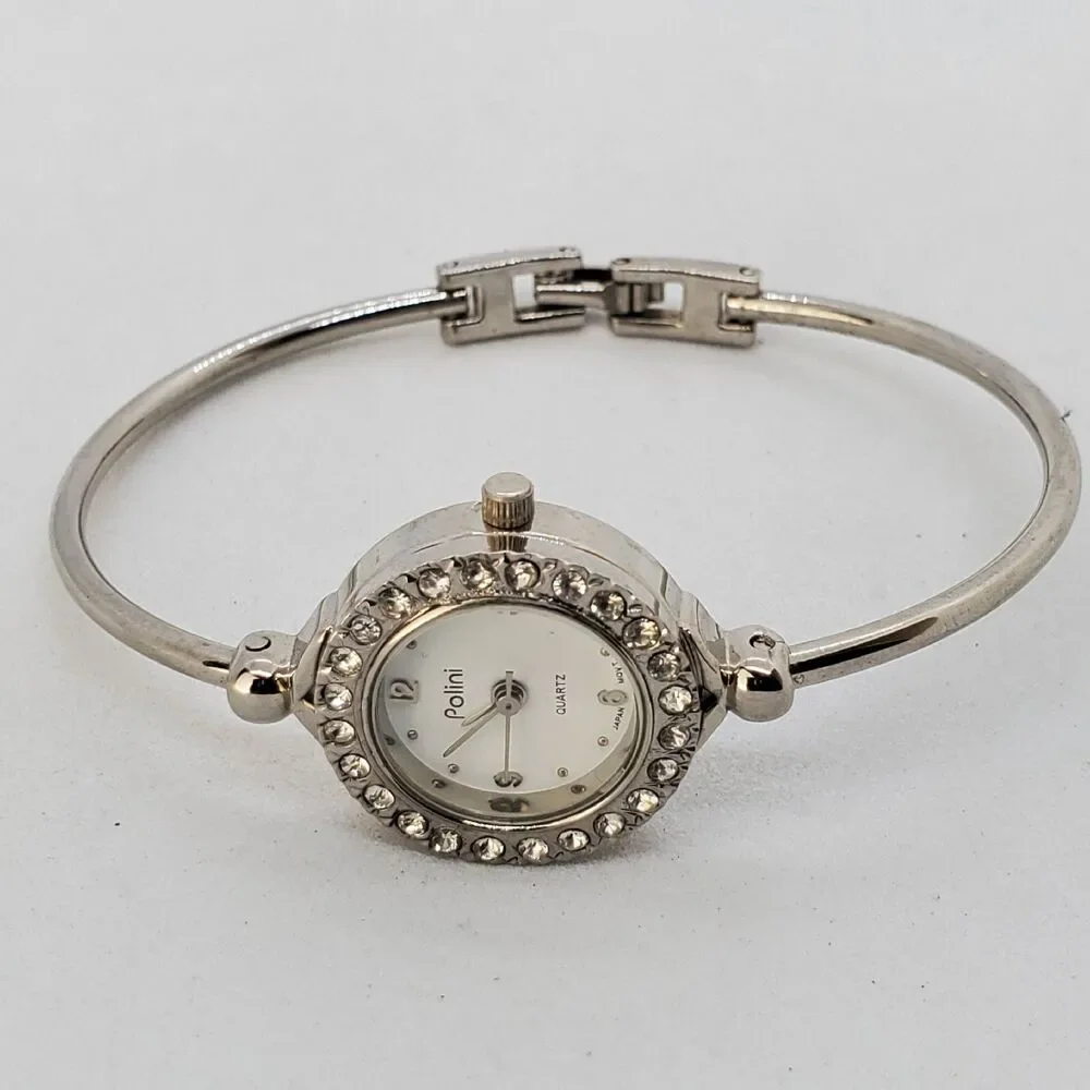 Polini Women's Cuff Watch White Dial Crystal Bezel Gray Bands 6